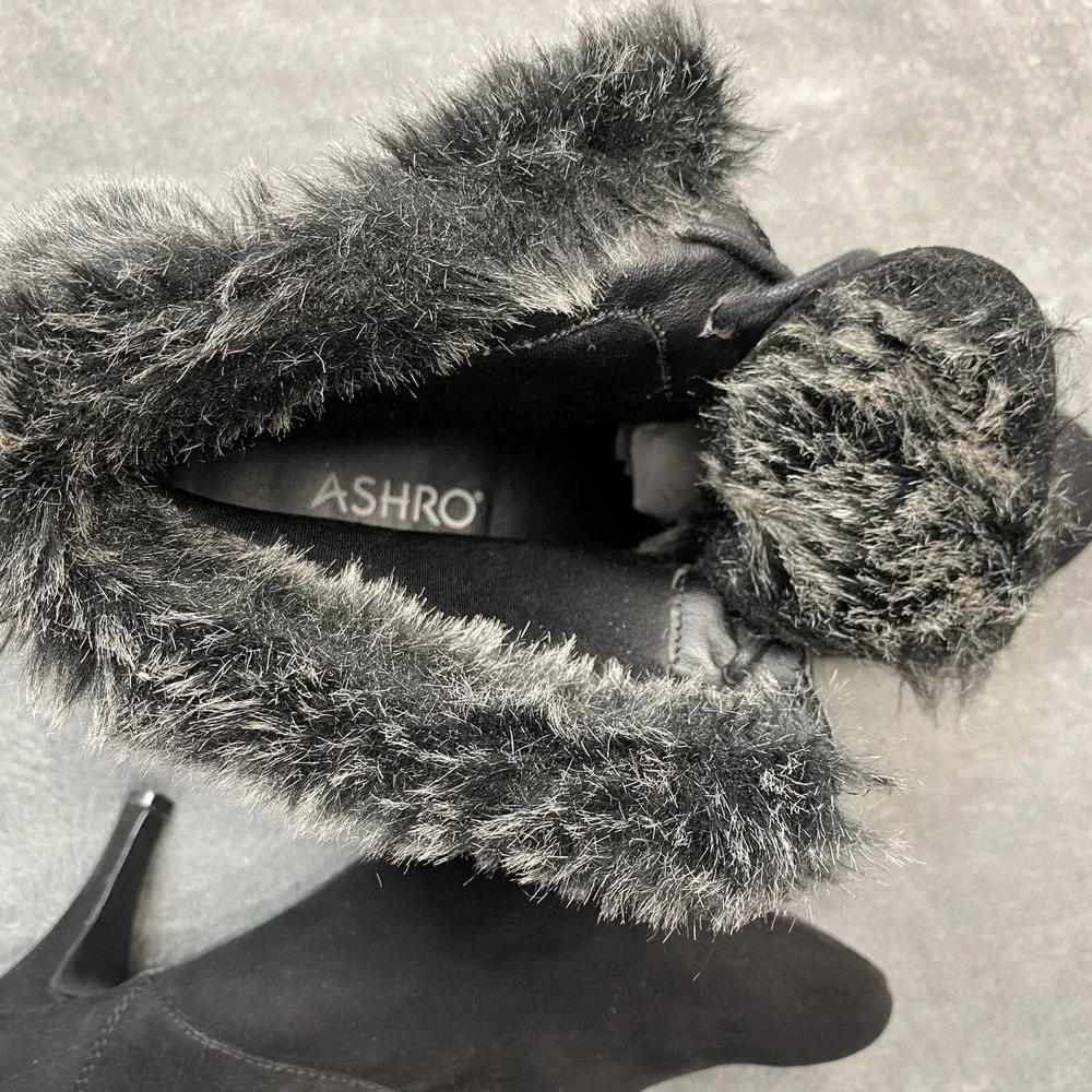 Ashro Boots Womens Size 8.5 Ankle Stiletto Black Suede‎ Fur Trimmed High Heel